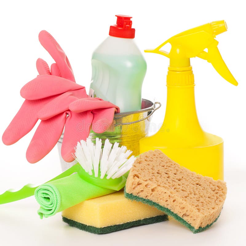 House Office Cleaning Theme Set Colorful Cleaning Products Gray Background  Stock Photo by ©zolnierek 209745874