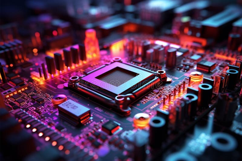 Bright colorful connections on a computer motherboard, 3Drendering closeup vector illustration
