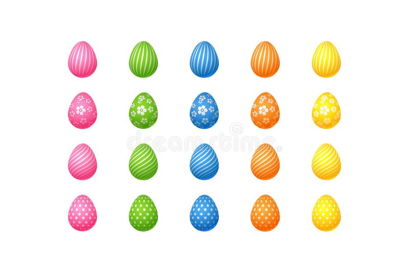 Bright colorful easter eggs Set of pink blue green orange yellow eggs with spiral lines specks flowers pattern Isolated