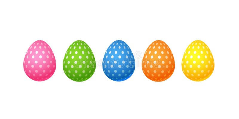 Bright colorful easter eggs Set of pink blue green orange yellow eggs with specks dots pattern Isolated on white background Eggs