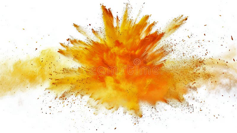 Explozie abstractă de pulbere portocalie și particule pe fond alb. explozie dinamică și dinamică de energie. perfect pentru stock photography