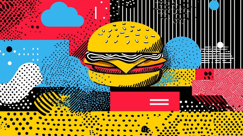 Bright and colorful illustration of hamburger against vibrant, abstract background. design features bold shapes and patterns royalty free illustration
