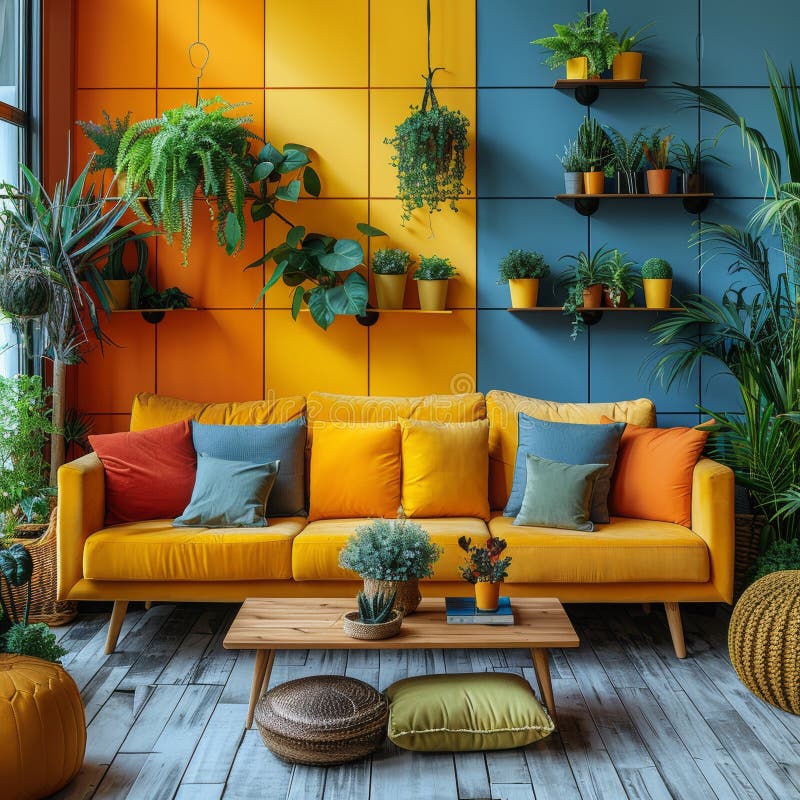 Bright and Colorful Living Room with Sofa, Coffee Table, and Plants ...