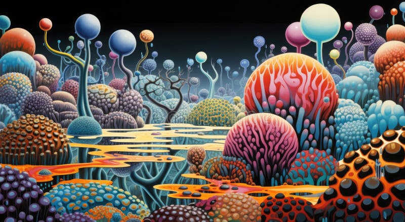 Bright and colorful microcosm of microbes, fungi, bacteria royalty free illustration