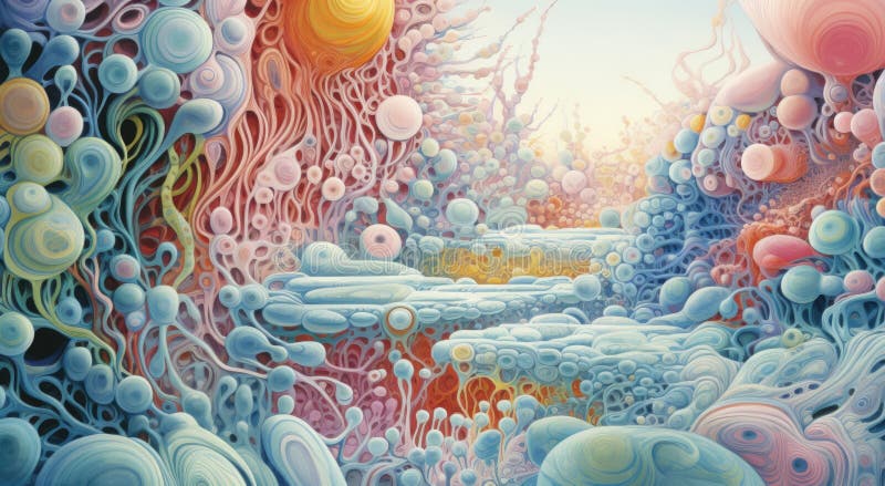 Bright and colorful microcosm of microbes, fungi, bacteria stock illustration