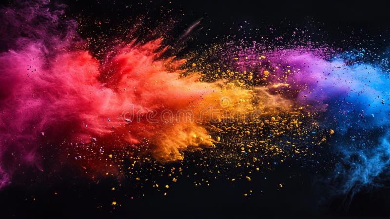 Explozie vibrantă de pulbere colorată pe fond negru. artă abstractă care prezintă nori dinamici multicolorați. perfect pentru stock photos