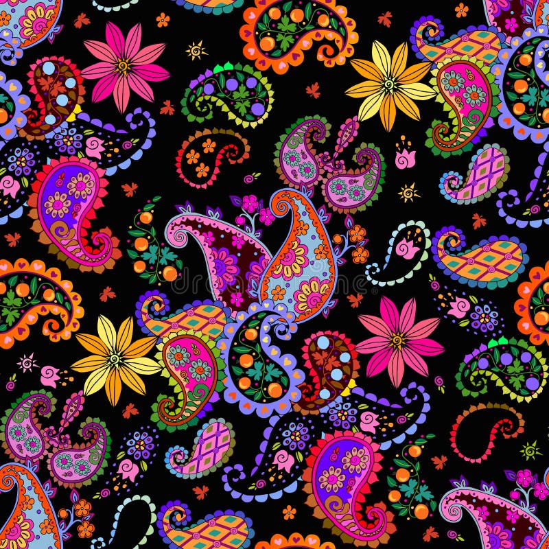 Bright colorful seamless pattern with paisley and flowers. Decorative ornament in ethnic style. Print for fabric and textile