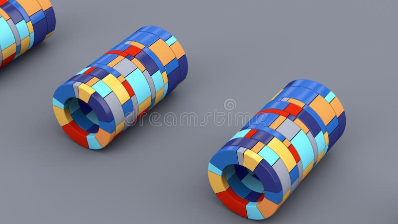 Tuburi strălucitoare colorate care se rostogolesc. fundal gri. randare animație abstractă 3d. royalty free illustration