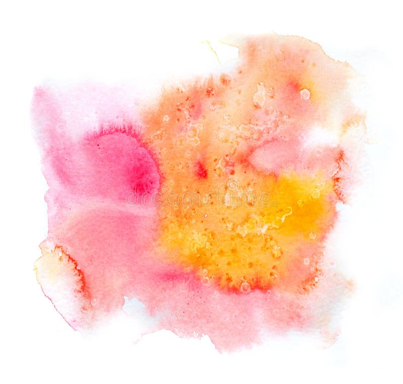 Bright colorful vibrant hand painted isolated watercolor spot splash on white background in red, orange, yellow and pink colors. For decoration, cards, highlight and website design