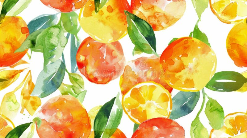 Bright and colorful watercolor oranges with green leaves. Seamless pattern suitable for backgrounds, clothing, or wallpaper. Ideal for adding a fresh and vibrant touch. AI. Seamless pattern bright oranges stock images, royalty-free photos and pictures