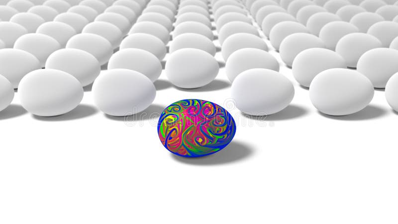 Bunt gefärbte ei steht heraus in einer Menge von einfarbig weißen Eier.