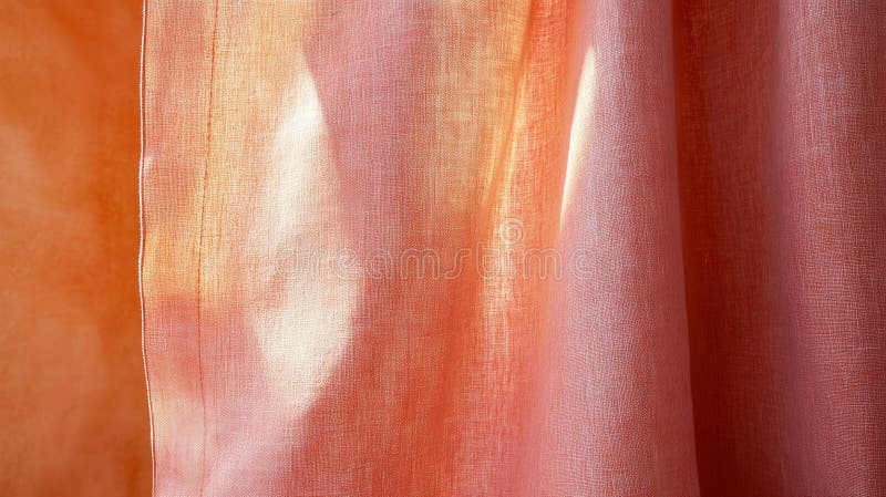 Close up view of a vibrant coral bedroom with soft fabrics and diffused sunlight creating a cozy atmosphere. The bright coral walls and matching linens create a tranquil vibe, enhanced by gentle sunlight streaming through the window. AI generated