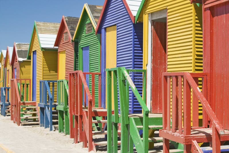 Bright Crayon-Colored Beach Huts at St James, False Bay on Indian Ocean, outside of Cape Town, South Africa royalty free stock photo Bright Crayon-Colored Beach Huts at St James, False Bay on Indian Ocean, outside of Cape Town, South Africa royalty free stock photo