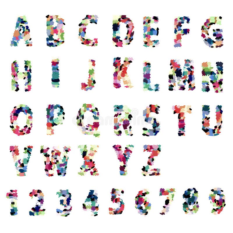 Bright creative cartoon comic radial alphabet Vector illustration stock illustration