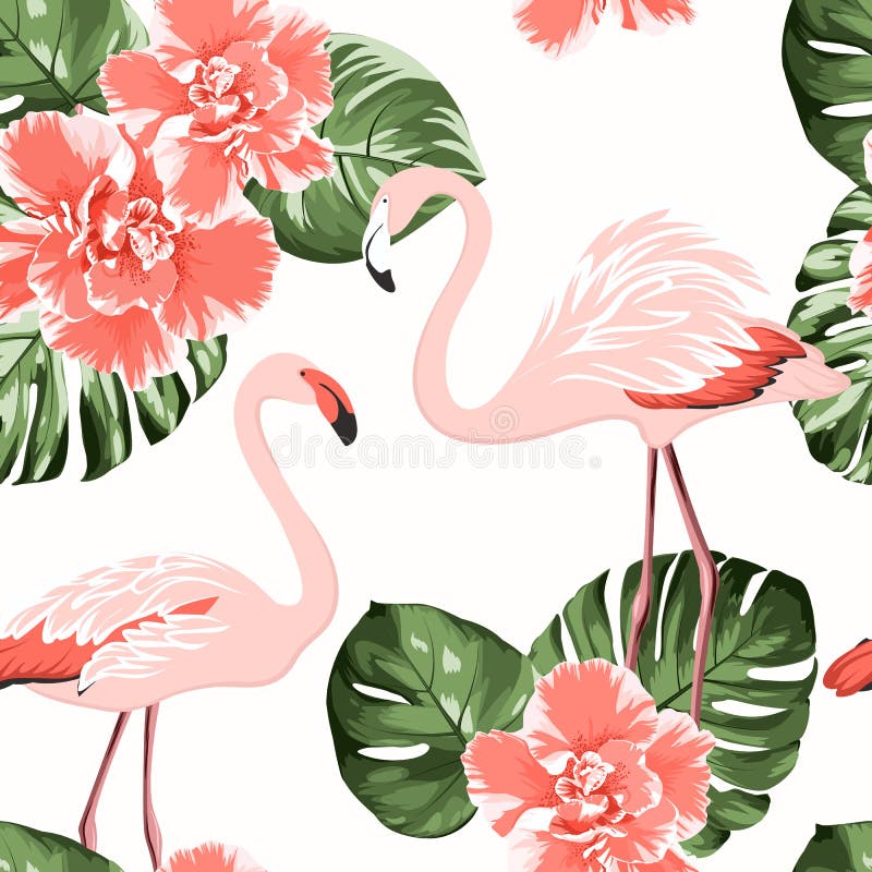 Bright crimson camelia flowers, exotic pink flamingo birds, tropical monstera philodendron green leaves seamless pattern.