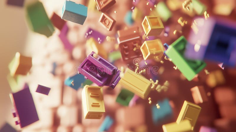 Bright 3D Building Blocks Floating Mid-Air in a Colorful Abstract Pattern with Depth and Motion vector illustration