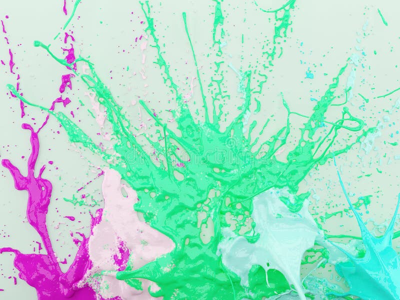 Bright dense splashes of multi-colored paints on a light background. 3D rendering royalty free illustration