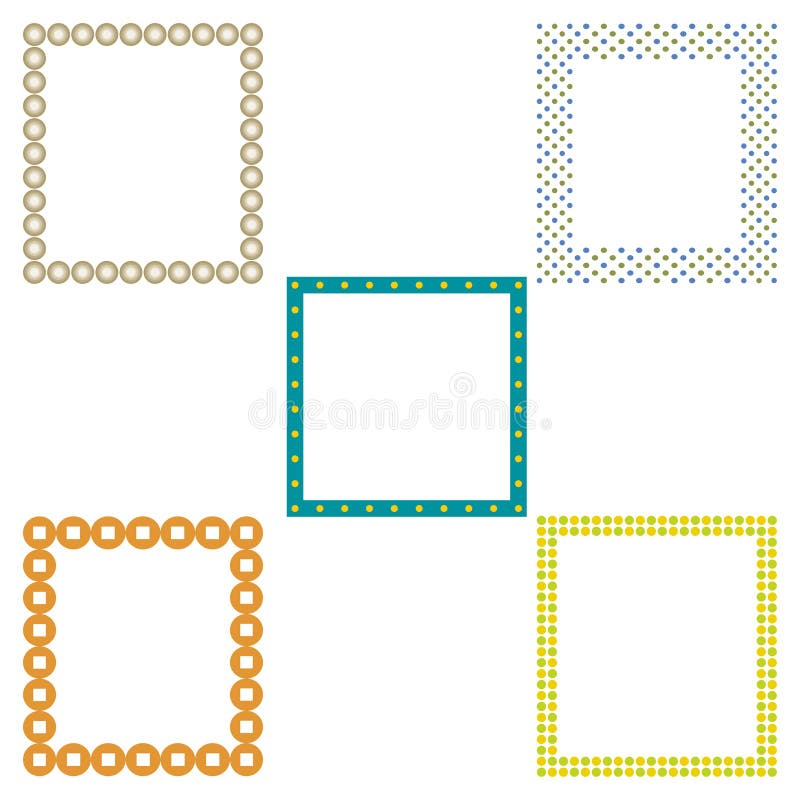 Bright dotted frames. Multicolored square borders. Round and square elements. Decorative geometric layout. stock illustration