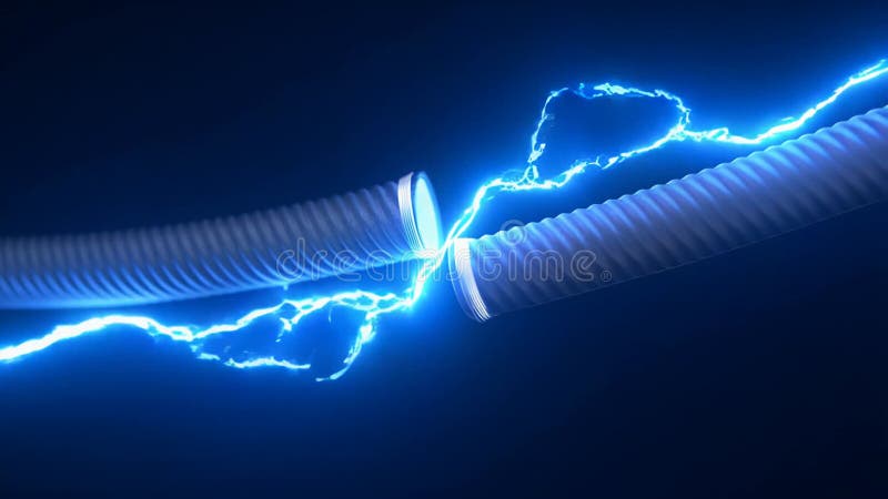 Dynamic electric arcs between two high voltage cables in a dark setting stock illustration