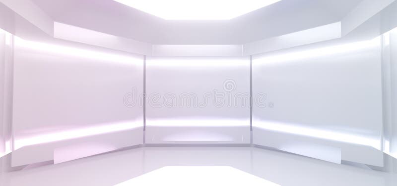 Bright Empty Reflective Sci Fi Futuristic Alien Spaceship Neon Led Glowing Virtual White Room Hall Stage Podium Cyber Background