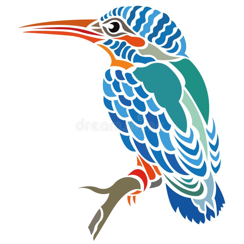 Bright exotic bird Kingfisher sitting on a branch, silhouette drawn by various lines in a flat style. Tattoo bird, logo, emblem