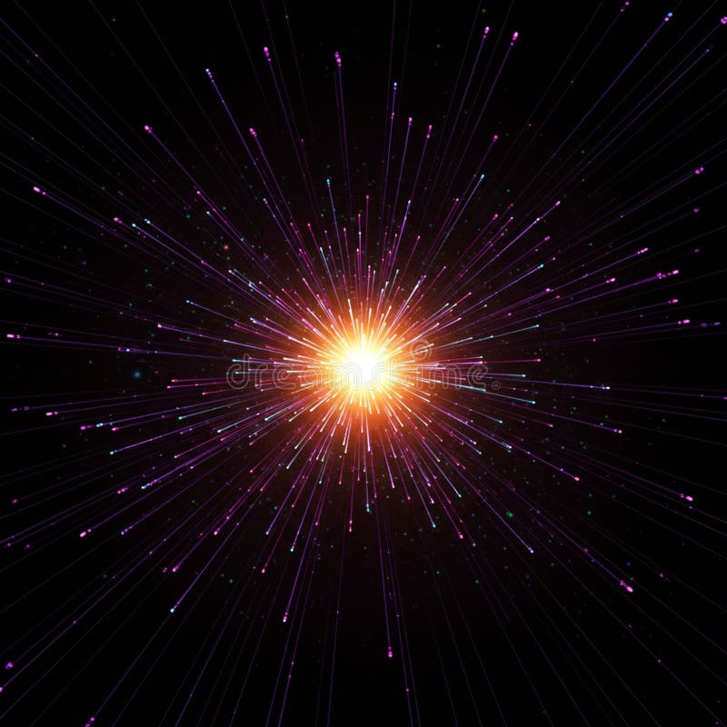 Bright explosion effect with a central glowing point emitting rays of orange, yellow vector illustration
