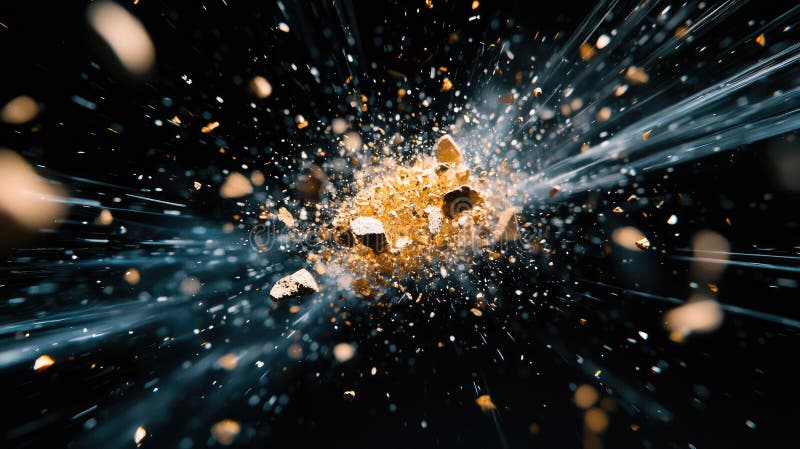 Bright Explosion of Shattered Rocks and Jagged Lines. A vibrant explosion showcasing shattered rocks and dynamic energy lines against a dark background, creating an intense and dramatic effect. Perfect for visual storytelling. AI generated
