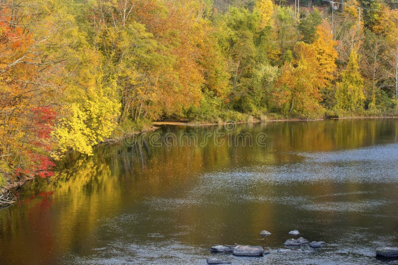 Bright fall colors reflect on the Farmington River, Canton, Conn