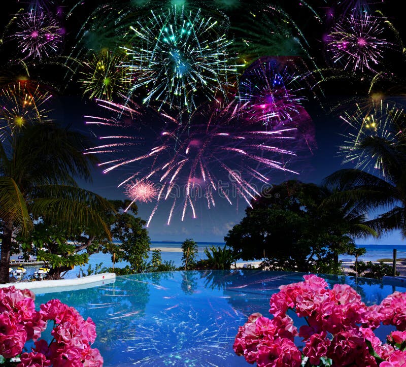 Tropical Island Festive New Year's Fireworks Stock Images Download 24