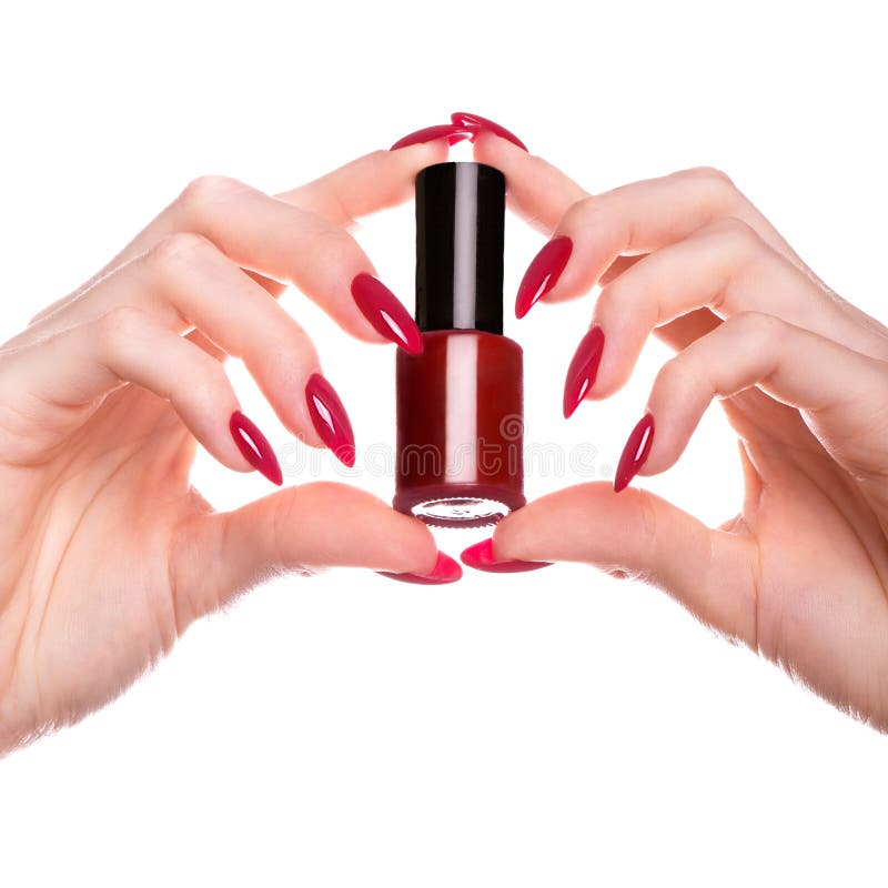 Bright Festive Red Manicure on Female Hands. Nails Design Stock Photo