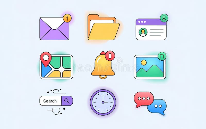 Bright Flat Design UI Icons Set with Email, Folder, Profile, Location, Notification. Features colorful UI icons Email, Folder, Profile, Location pin with map, Notification bell, Image, Search bar, Clock, Chat bubbles on transparent backdrop