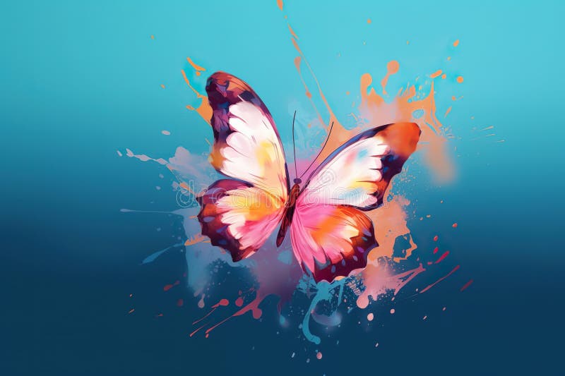 Bright Flying Butterfly on a Blue Background. Splashes of Water and
