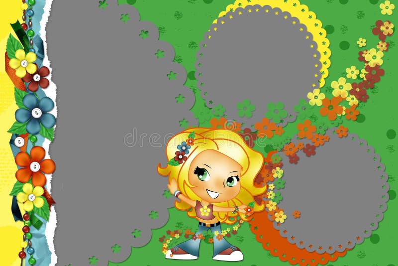 Bright framework with florets and with the girl