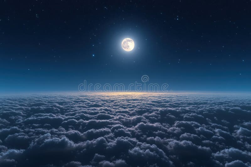 Bright full moon shining over a sea of clouds under a star-filled night sky, creating a serene and mystical atmosphere royalty free stock photos