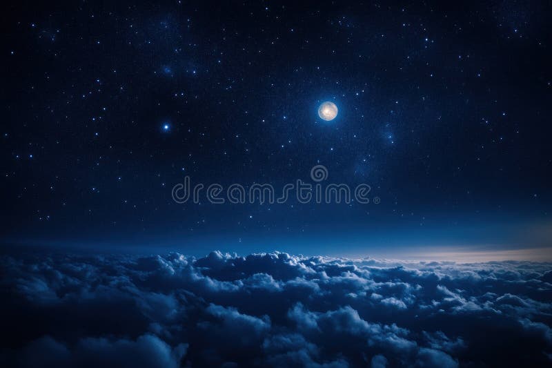 Bright full moon shining over a sea of clouds under a star-filled night sky, creating a serene and mystical atmosphere royalty free stock photos