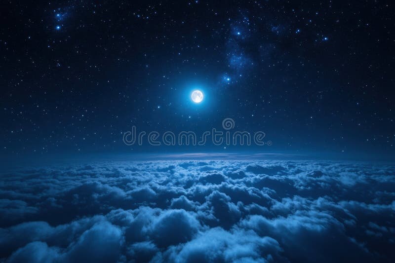 Bright full moon shining over a sea of clouds under a star-filled night sky, creating a serene and mystical atmosphere stock photos