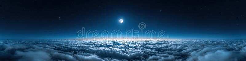 Bright full moon shining over a sea of clouds under a star-filled night sky, creating a serene and mystical atmosphere stock image