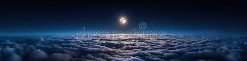 Bright full moon shining over a sea of clouds under a star-filled night sky, creating a serene and mystical atmosphere stock images