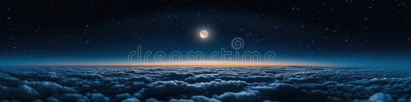 Bright full moon shining over a sea of clouds under a star-filled night sky, creating a serene and mystical atmosphere royalty free stock image