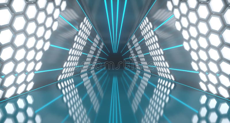 Bright Futuristic Long Sci-Fi Tunnel With Hexagon Lights And Ref royalty free illustration