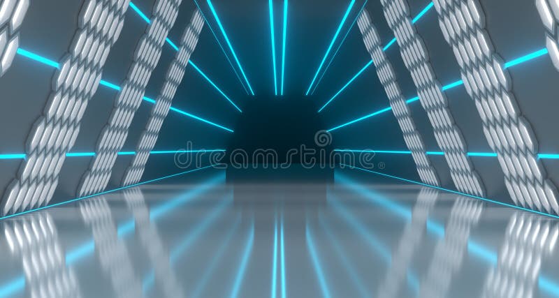 Bright Futuristic Long Sci-Fi Tunnel With Hexagon Lights And Ref stock illustration