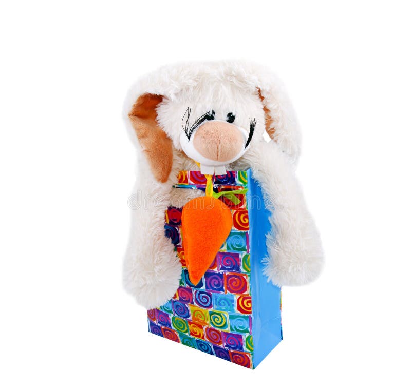 Bright Gift Bag with Rabbit Toy Isolated Stock Photo Image of paper