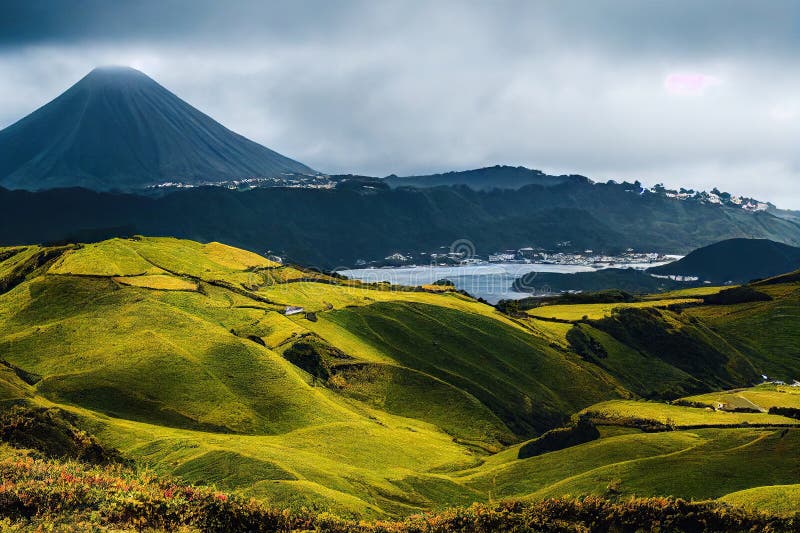 Bright Green Hills Framing Blue Mountain Lake Stock Illustration