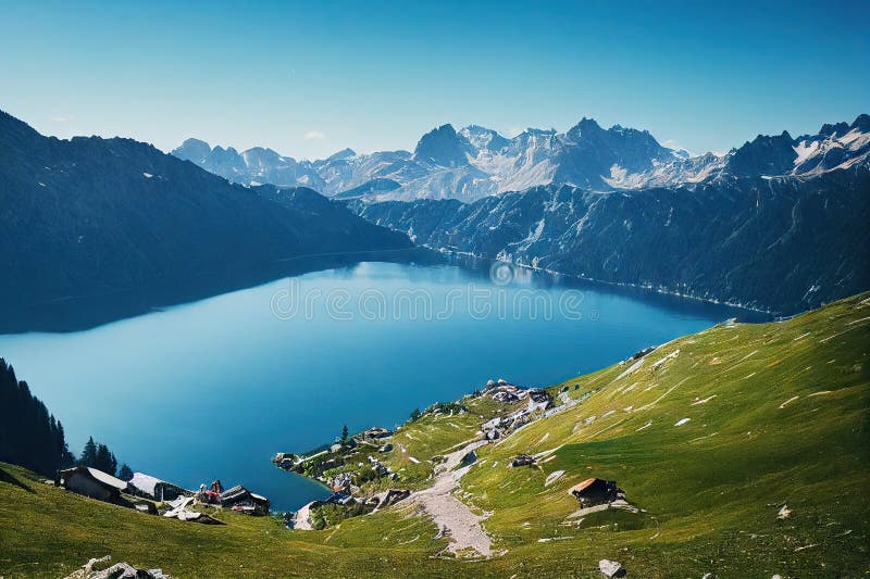 Bright Green Hills Framing Blue Mountain Lake Stock Illustration