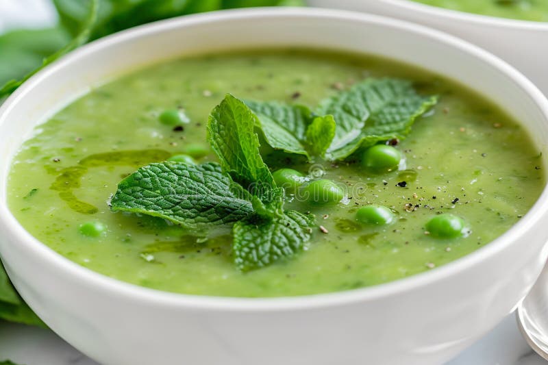 Bright Green Pea and Mint Soup, Topped with Fresh Mint and Drizzled