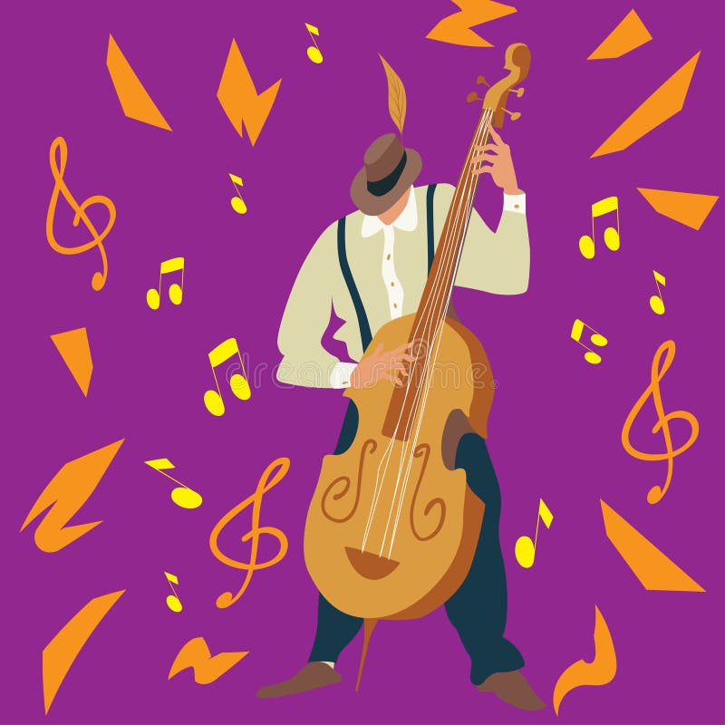 Bright greeting vector illustration. Poster with musician. Contrabass player. Man plays a Contrabass. royalty free illustration