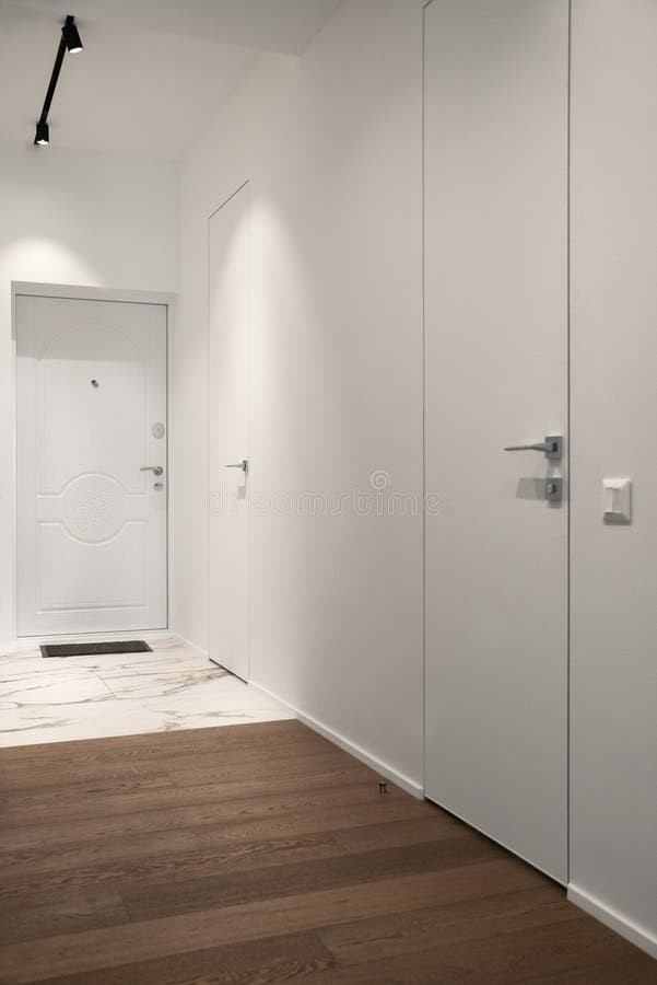 Bright Hallway with a Wall Made of Mirror. Mirrored Door Stock Image