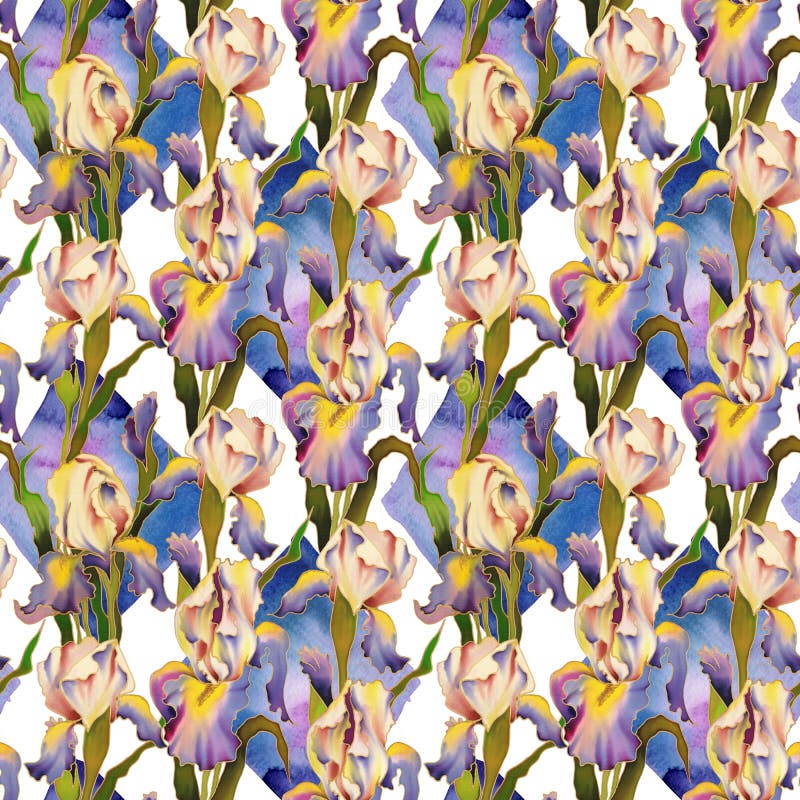 Bright Hand-painted Watercolor Flowers of Iris. Seamless Pattern Stock ...
