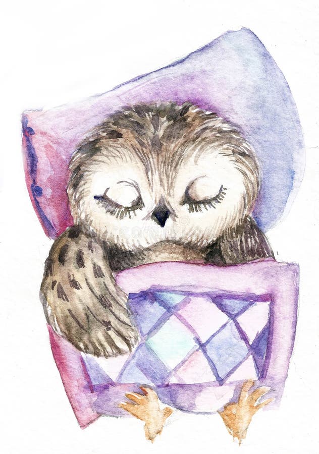Small owl sleeps in a crib, delicate lilac and pink colors, watercolor illustration.