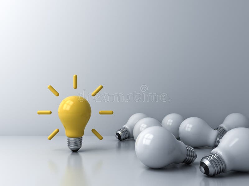 Bright idea bulb standing out from the crowd of dim unlit lying white bulbs creative idea concepts vector illustration Bright idea bulb standing out from the crowd of dim unlit lying white bulbs creative idea concepts vector illustration